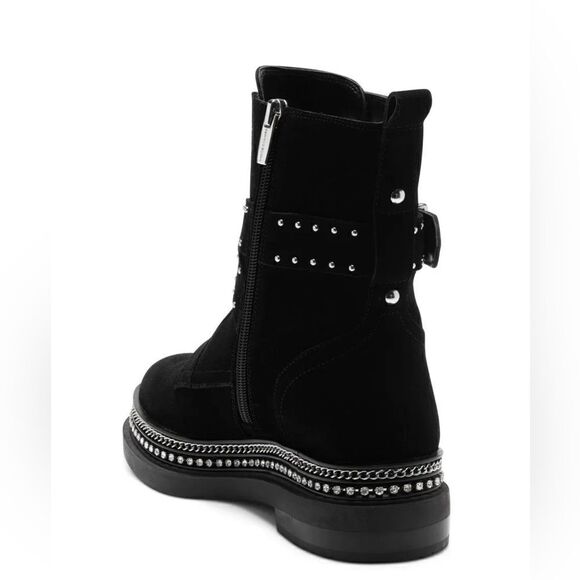 🔥Vince Camuto Blinda Black Suede Moto Chic Chain Rim PLatform Lug Bootie Sz 5M - Picture 4 of 7